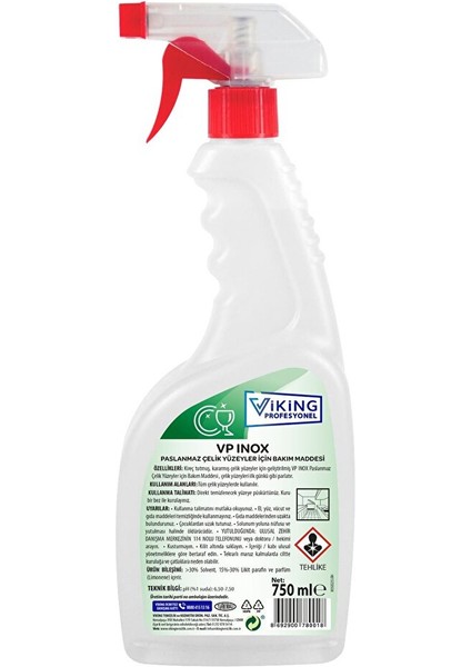 Vp Inox Paslanmaz Çelik Yüzeyler Için Bakım Maddesi 750 ml 1 Adet