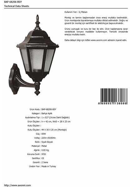 Bahçe Aplik E27 12W 28X23CM Abs Siyah -BAP-68206-BSY fırsatları