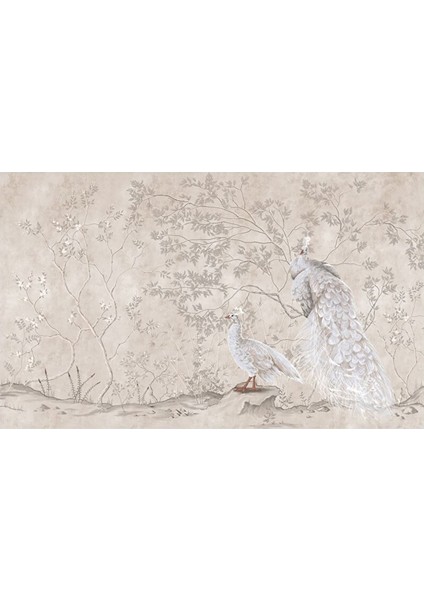 Ps 700 - Beyaz Tavus Kuşu Desenli Poster Duvar Kağıdı 400X260 cm