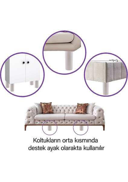 Destek Ayağı 15 cm Beyaz + Metal Düz Ayak Tabanı M8 Civata Ince Diş Mobilya Kanepe Baza Koltuk Ayakları Seti