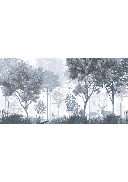 Ps 900 - Soğuk Tonlarda Orman ve Geyik Desenli Poster Duvar Kağıdı 250X260 cm