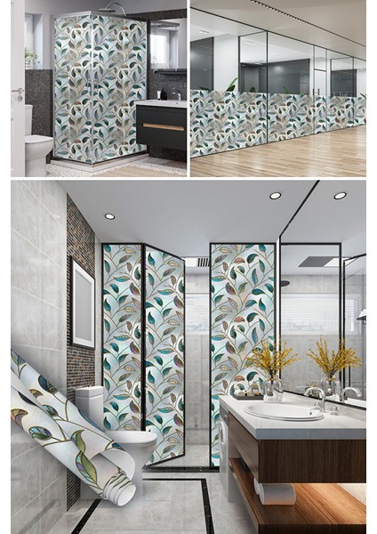 Renkli Yaprak Desenli Şeffaf Yapışkanlı Cam Folyosu, Duşakabin, Mutfak, Banyo, Ofis Kaplama 0933 90X500 cm
