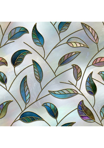 Renkli Yaprak Desenli Şeffaf Yapışkanlı Cam Folyosu, Duşakabin, Mutfak, Banyo, Ofis Kaplama 0933 90X500 cm fiyatları