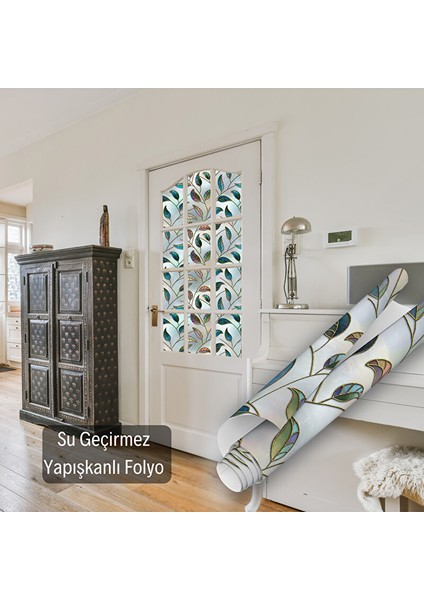 Renkli Yaprak Desenli Şeffaf Yapışkanlı Cam Folyosu, Duşakabin, Mutfak, Banyo, Ofis Kaplama 0933 90X500 cm modelleri