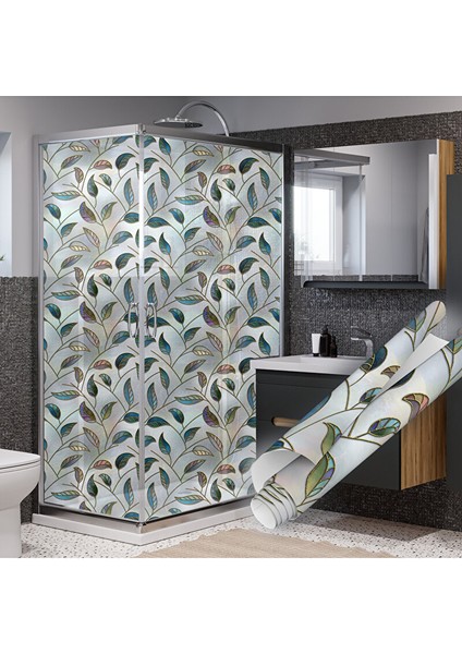 Renkli Yaprak Desenli Şeffaf Yapışkanlı Cam Folyosu, Duşakabin, Mutfak, Banyo, Ofis Kaplama 0933 90X500 cm fırsatları