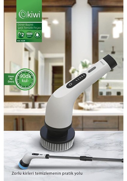 KSC-4229 Şarjlı Döner Başlıklı Temizlik Fırçası 7 Başlıklı Uzatma Çubuklu Temizlik Makinesi