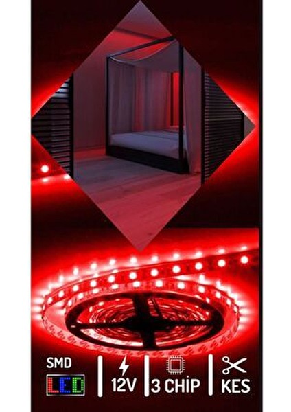 Helios 7-9W Iç Mekan Üç Çip Şerit LED / 4040 - Kırmızı Işık - 10 Metre