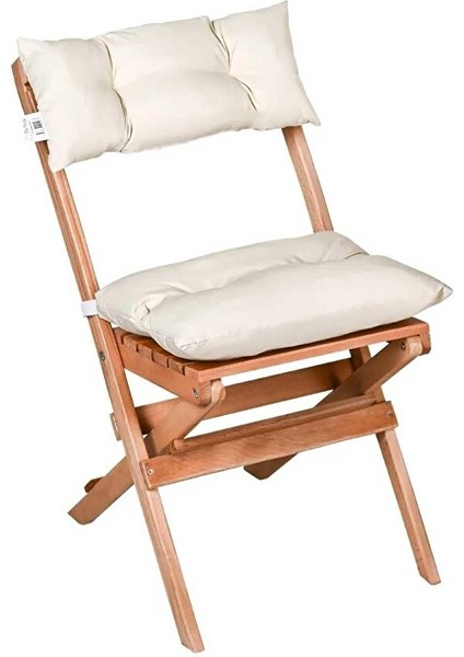 Puf Minderli Ahşap Katlanabilir Bahçe Mutfak Balkon Teras Sandalyesi (Naturel-Krem)