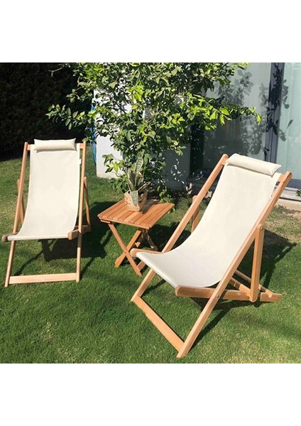 Ahşap Katlanabilir Taşınır Şezlong Plaj Bahçe Teras Balkon Sandalyesi 3'lü Takım Krem modelleri