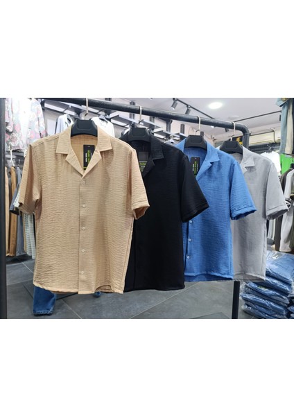 Erkek Oversize Kısa Kollu Dokulu Yazlık Gömlek