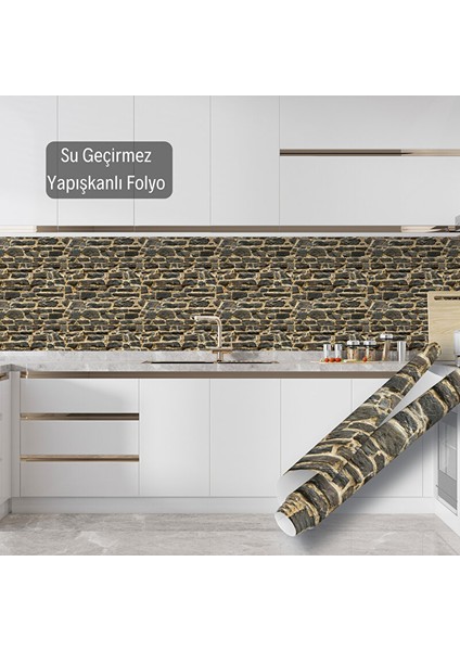 Sarı Siyah Taş Desenli Yapışkanlı Folyo Dolap, Tezgah Arası Mobilya Kaplama Kağıdı 1412 90X1500 cm modelleri