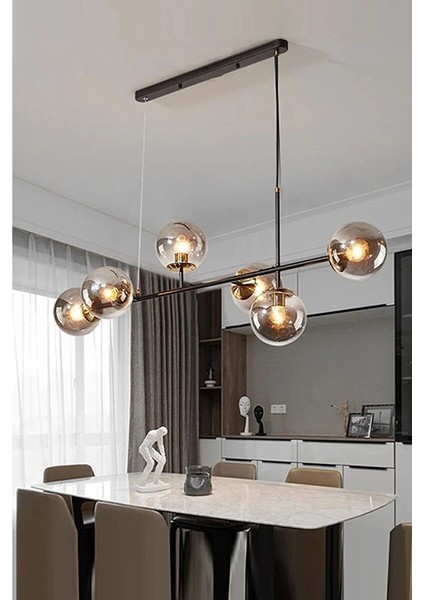 Rikardo Modern Siyah Kasa Gold Detaylı Grı Globe Camlı Sıralı 6lı Avize