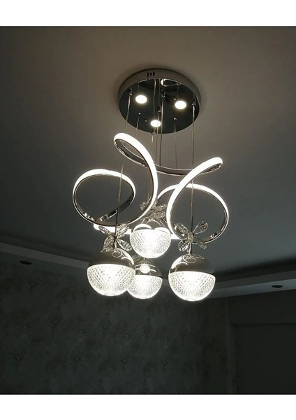 Papatya 3 Işık Kumandalı (Beyaz, Sari, Günişiği) Krom Luxury LED Avize Büyük Toplu