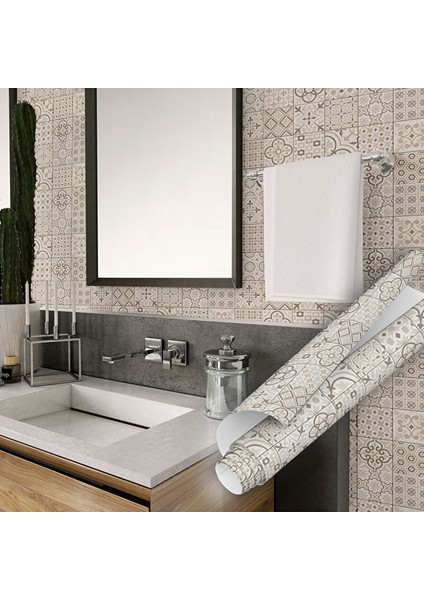 Kum Beji Çini Desenli Yapışkanlı Folyo Fayans Görünümlü Dekoratif Kaplama Kağıdı 0353 90X500 cm modelleri
