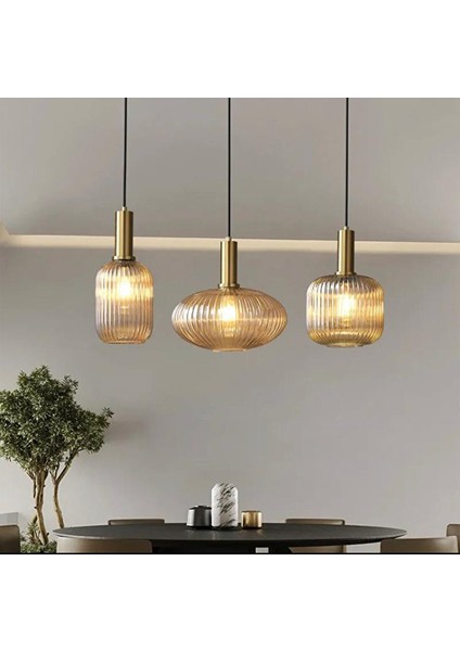 Rustik Dekoratif Metal Modern Masa Üstü Eskitme Kaplama Bal Opal Camlı 3 Lü Avize
