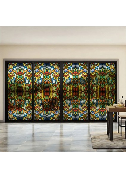 Sf 628 Enerjik Renkli Geometrik Desenli Şeffaf Vitray Cam Kaplama Yapışkanlı Folyo 45X100 cm