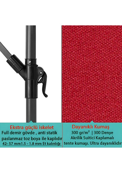 3 mt 8 Kaburga Full Demir 21 kg Kırmızı Bahçe Şemsiyesi