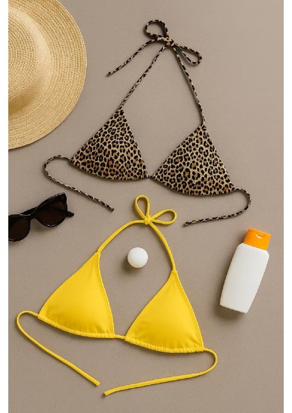 Özel Kadın Leopar Desenli ve Sarı Minimal Kesim Üçgen Bikini Üstü Fırsat!!!