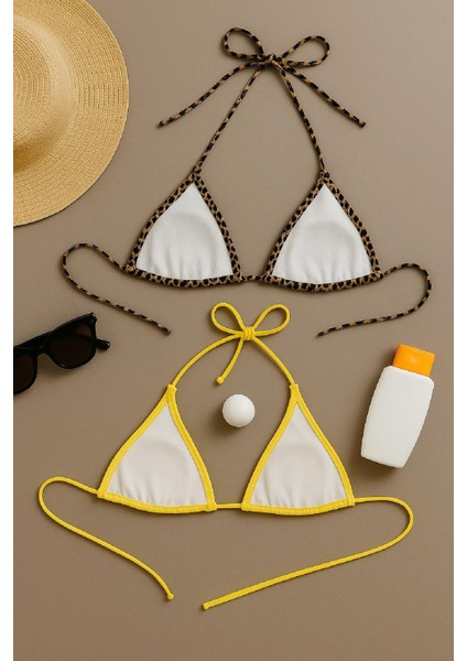 Özel Kadın Leopar Desenli ve Sarı Minimal Kesim Üçgen Bikini Üstü Fırsat!!! fiyatları