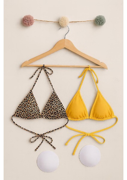 Özel Kadın Leopar Desenli ve Sarı Minimal Kesim Üçgen Bikini Üstü Fırsat!!! modelleri