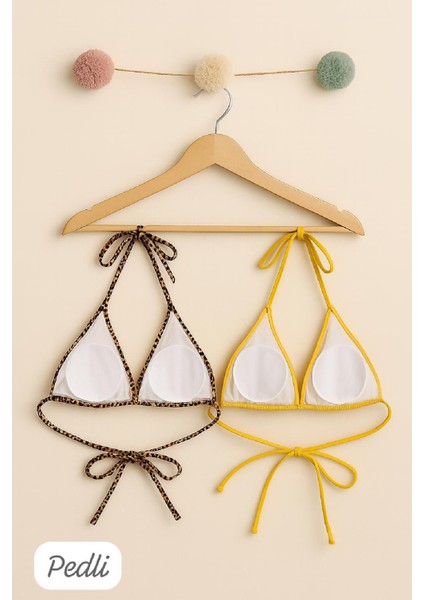 Özel Kadın Leopar Desenli ve Sarı Minimal Kesim Üçgen Bikini Üstü Fırsat!!! fırsatları