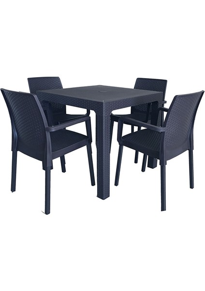 Atlanta Starlux 80X80 Camsız Masa ve 4 Adet Napoli Rattan Metal Ayak Sandalye Seti (Antrasit)