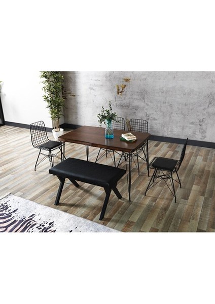 80X120 Asel Doğal Kütük Metal Ayaklı Mutfak Masası ve Bench Takımı