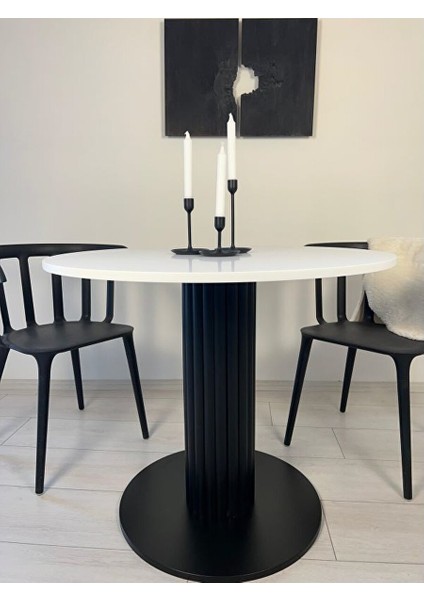 90 cm Özel Tasarım Yuvarlak Dar Sütun Yemek Masası Tabla Beyaz Ayak Siyah modelleri