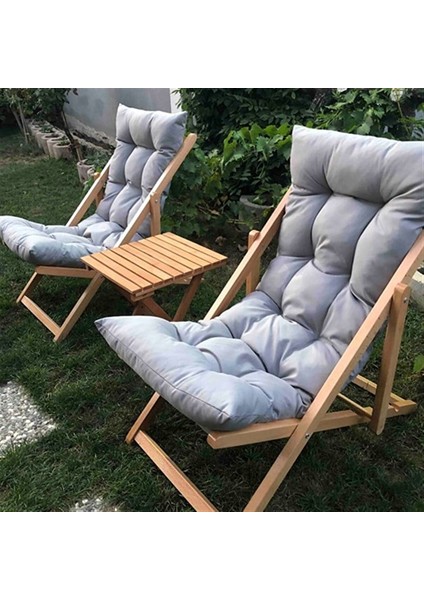 Ahşap Katlanabilir Taşınır Puf Minderli Şezlong Balkon Sandalyesi Takımı 3 Lü Set Gri fırsatları