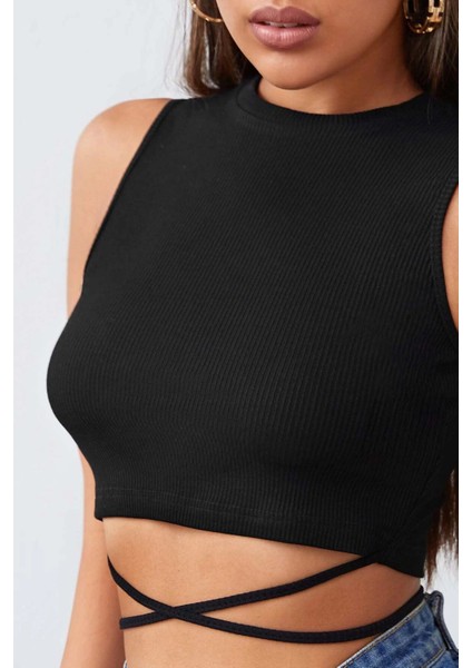 Özel Kadın Siyah Çapraz Bağlamalı Crop Top Büstiyer Fırsat!!!