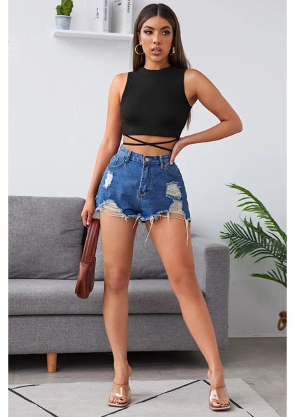 Özel Kadın Siyah Çapraz Bağlamalı Crop Top Büstiyer Fırsat!!!