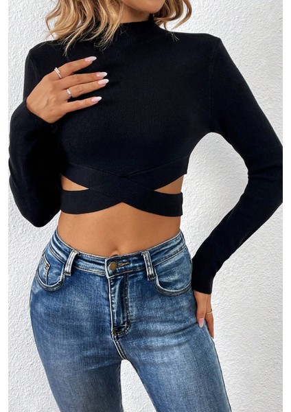 Özel Kadın Siyah Çapraz Bel Detaylı Dik Yaka Uzun Kol Crop Top Bluz Fırsat!!! modelleri