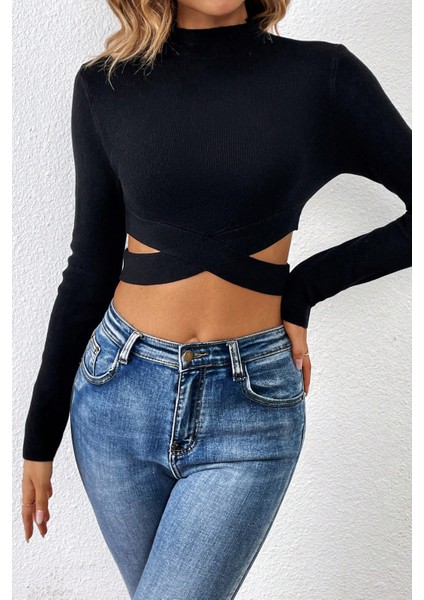 Özel Kadın Siyah Çapraz Bel Detaylı Dik Yaka Uzun Kol Crop Top Bluz Fırsat!!! indirimleri