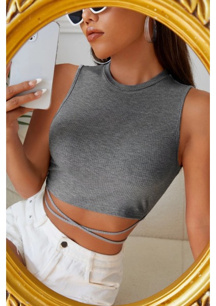 Özel Kadın Gri Çapraz Bağlamalı Crop Top Büstiyer Fırsat!!!