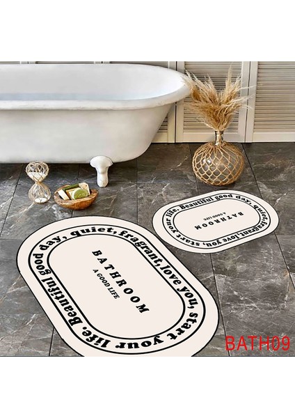 Bathroom Yazılı Banyo Paspası, Krem Renk Paspas, Oval Paspas, Kaymaz Taban,2'li Klozet Takımı modelleri