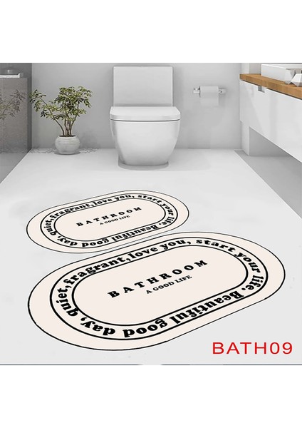 Bathroom Yazılı Banyo Paspası, Krem Renk Paspas, Oval Paspas, Kaymaz Taban,2'li Klozet Takımı fırsatları