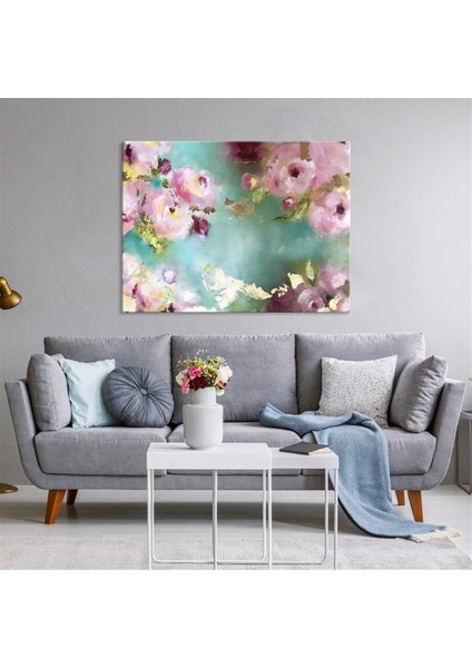 Tablolife Pembe Çiçekler - Yağlı Boya Dokulu Tablo 60X90 Çerçeve - Gümüş 60X90 cm