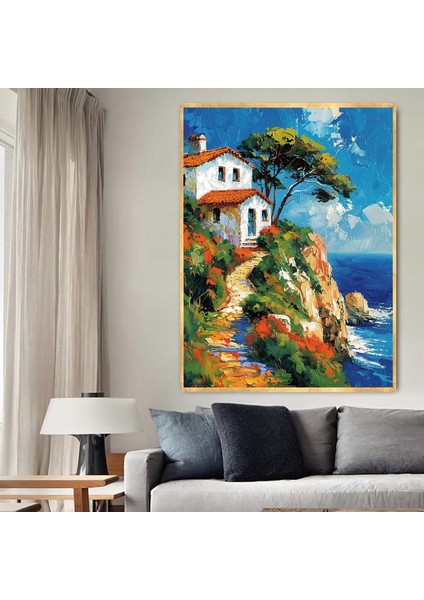 Tepedeki Ev Yağlı Boya Dokulu Tablo Gold Çerçeve 50X70 cm