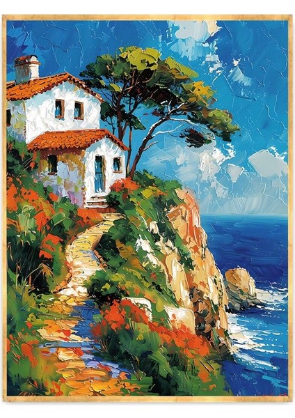 Tepedeki Ev Yağlı Boya Dokulu Tablo Gold Çerçeve 50X70 cm fiyatları