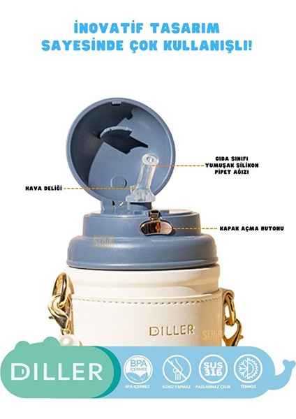 Diller 580ML Yeni Koleksiyon Moda Deri Kılıflı Inci Süslü Pipetli Askılı Paslanmaz Çelik Termos Matara Lacivert-Beyaz fiyatları