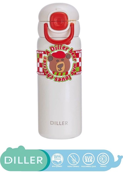 Diller 600ML Yeni Koleksiyon Sevimli Hayvanlar Desenli Pipetli/pipetsiz El Askılı Paslanmaz Çelik Termos Diller Bear