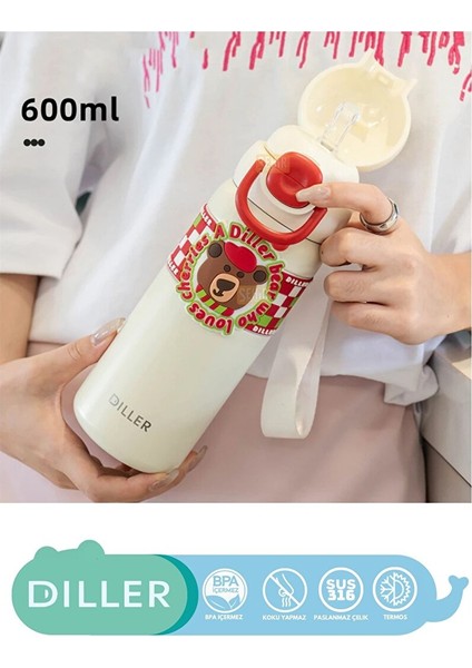 Diller 600ML Yeni Koleksiyon Sevimli Hayvanlar Desenli Pipetli/pipetsiz El Askılı Paslanmaz Çelik Termos Diller Bear fiyatları