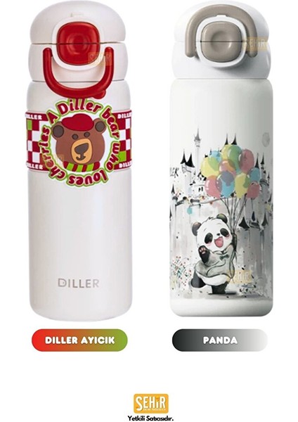 Diller 600ML Yeni Koleksiyon Sevimli Hayvanlar Desenli Pipetli/pipetsiz El Askılı Paslanmaz Çelik Termos Diller Bear