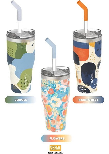 590ML Desenli Pipetli/pipetsiz Çift Kullanım Tumbler Kahve Bardağı/mug Paslanmaz Çelik Termos Rainforest