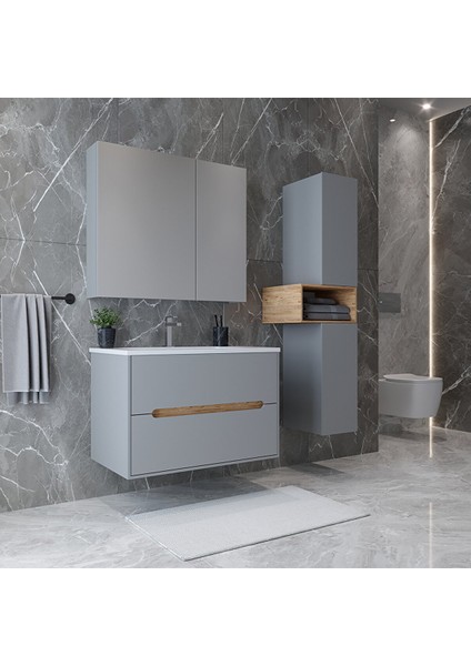 Home Madrid 65 cm Mdf Banyo Dolabı Seti ve Boy Dolabı Sis Gri - Atlantik Çam