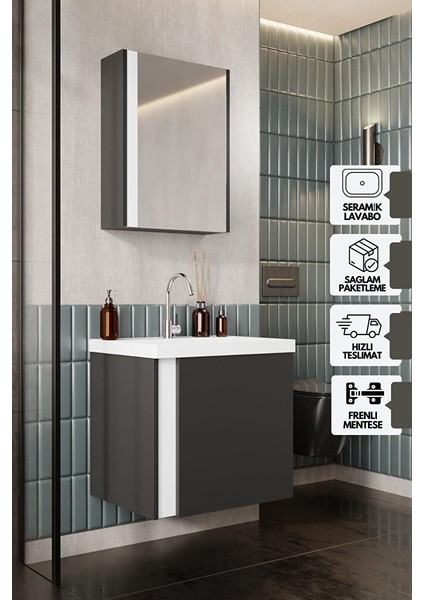 Kemer 60 Cm, Lavabolu, Aynalı, Banyo Dolabı, Mat Antrasit, Lavabo Dahil