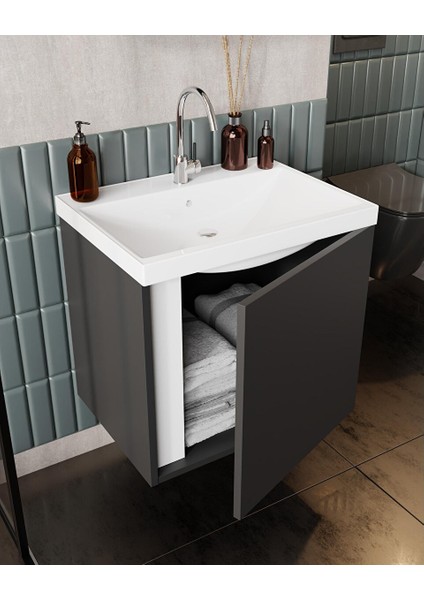 Kemer 60 Cm, Lavabolu, Aynalı, Banyo Dolabı, Mat Antrasit, Lavabo Dahil