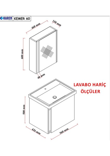 Kemer 60 Cm, Lavabolu, Aynalı, Banyo Dolabı, Mat Antrasit, Lavabo Dahil