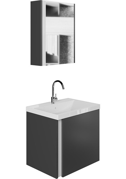 Kemer 60 Cm, Lavabolu, Aynalı, Banyo Dolabı, Mat Antrasit, Lavabo Dahil