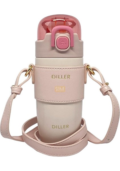 Diller 360ML Moda Deri Kılıflı Pipetli Askılı Pastel Renkli Paslanmaz Çelik Termos Matara Pembe